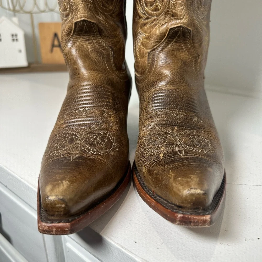 Justin Western Boots Womens 7.5B Brown Leather Cowboy Boots Embroidered Classic - Picture 4 of 8